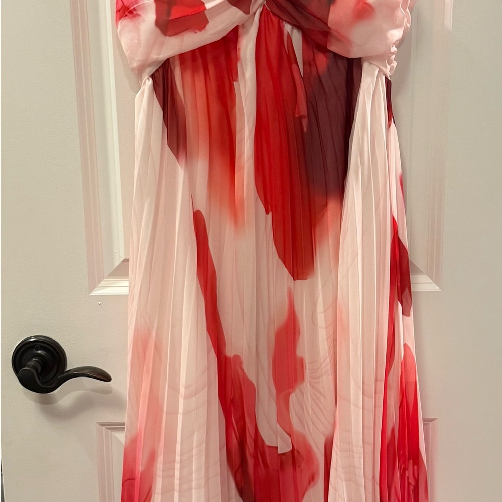 Red and White Pleated Strapless Dress